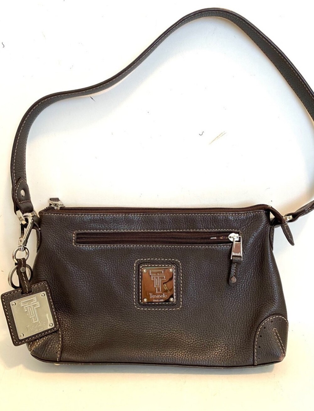 Tignanello Dark Brown Pebbled Leather Shoulder Bag and Keychain